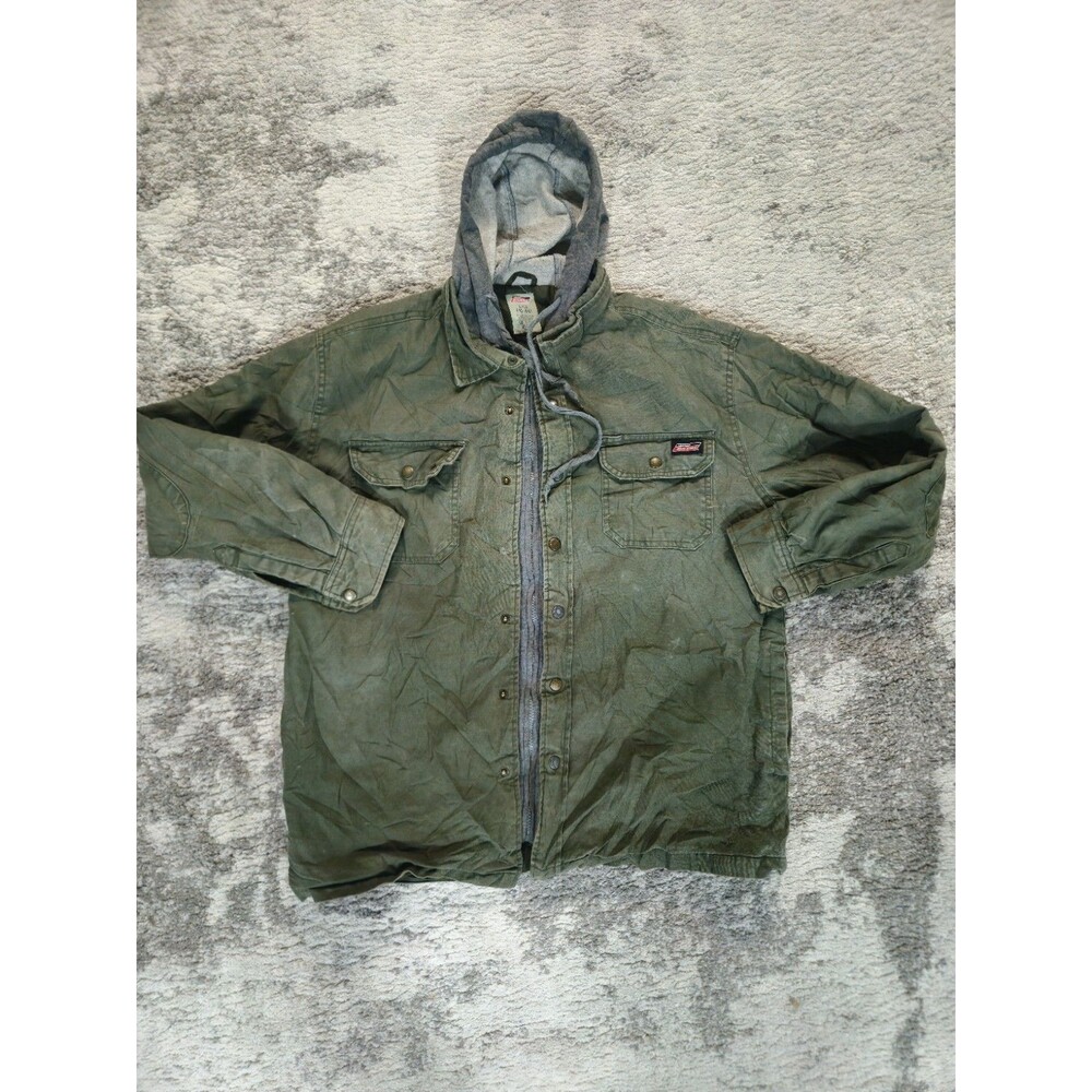Dickies Work Jacket Mens L Green Cotton Quilted Lined Hooded Snap Front